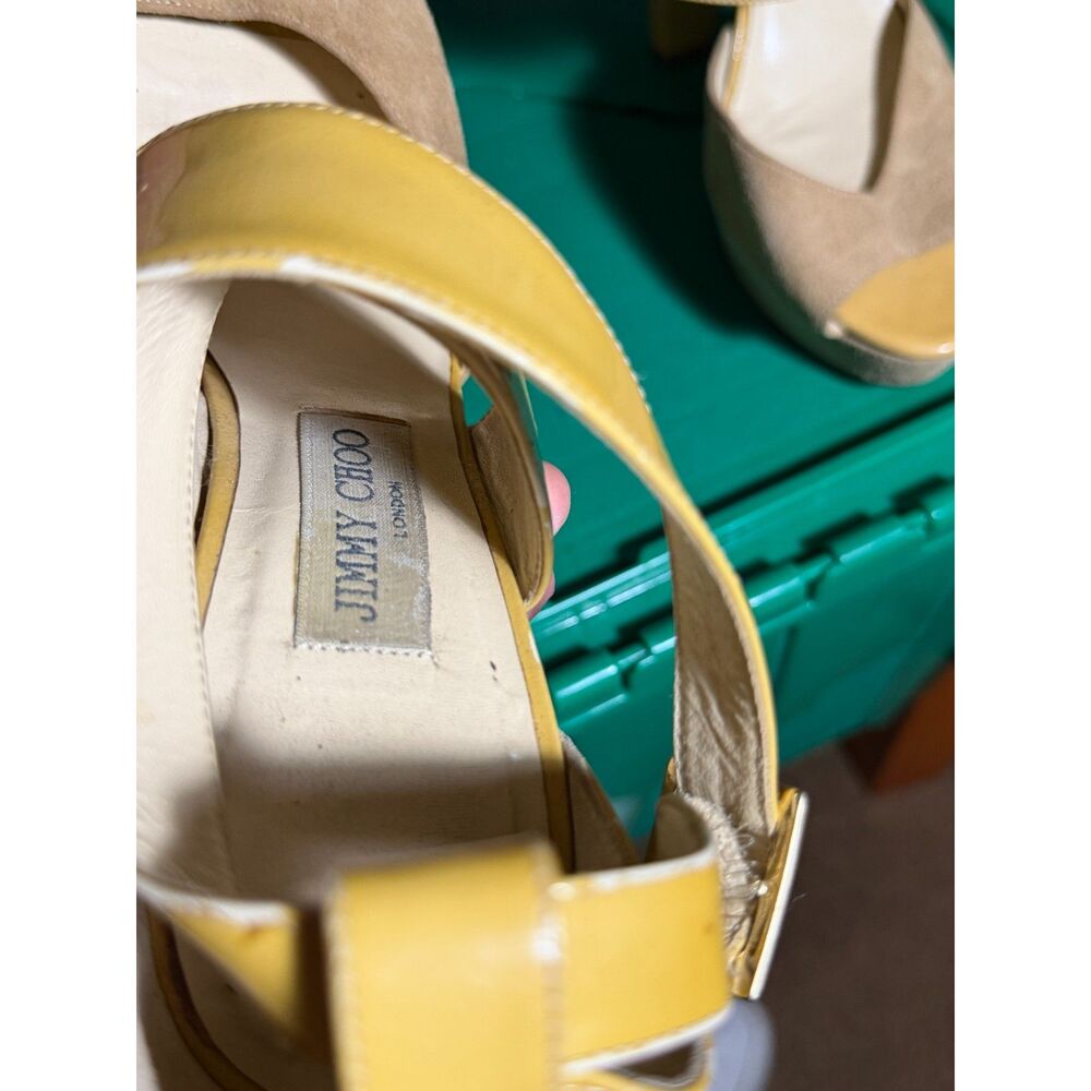 Jimmy Choo Yellow Patent Leather & Tan Suede Peep Toe Heels